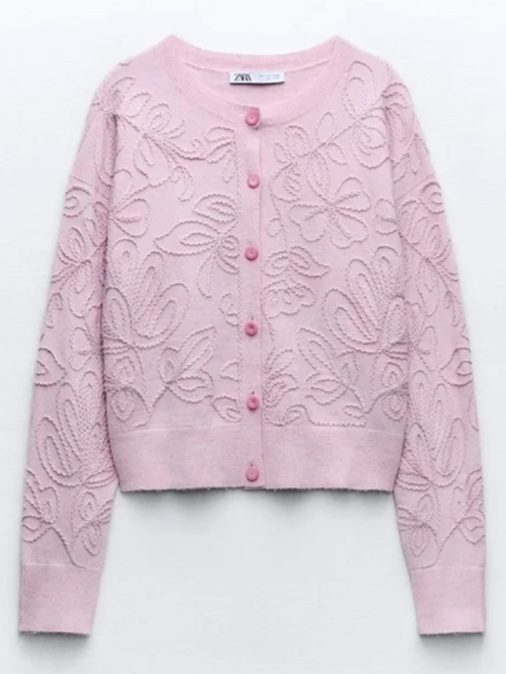NEW Zara Floral Embroidered Knit Pink Cardigan Size S